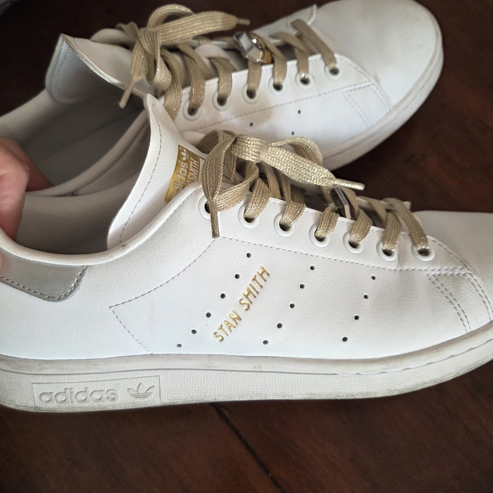 Adidas White and Gold Stan Smith Sneakers